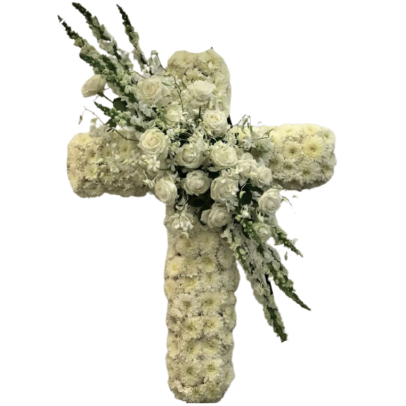 Corona Cruz con Pompones y Rosas Blancas 5608